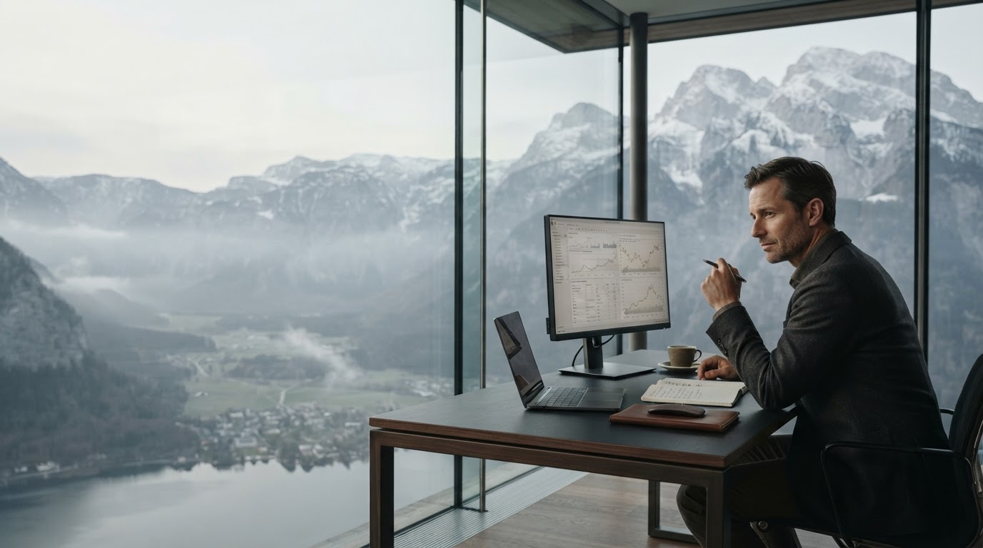 Alpenblick Nachrichten predictive analytics dashboard visualised over a market data backdrop